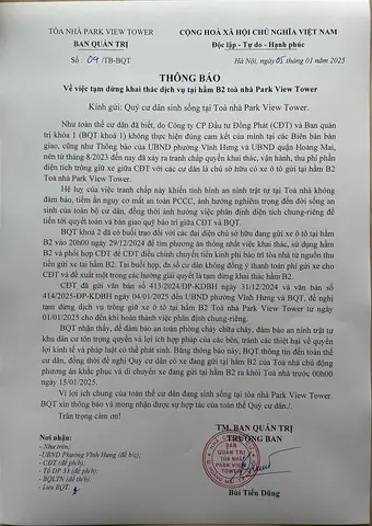 (lsvn) - Được Biết, Ngày 05/01/2025, Ban Quản Trị Tòa Nhà Park View Tower Đã Có Thông Báo Số 04/tb-bqt “về Việc Tạm Dừng Khai Thác Dịch Vụ Tại Hầm B2 Tòa Nhà Park View Tower” Gửi Cư Dân Sinh Sống Tại Tòa Nhà Park View Tower. Nội Dung Của Thông Báo Này Cho Biết, Do Công Ty Cổ Phần Đồng Phát (cđt) Và Ban Quản Trị Khóa 1 (bqt Khóa 1) Không Thực Hiện Đúng Cam Kết Của Mình Tại Các Biên Bản Bàn Giao, Cũng Như Thông Báo Của Ubnd Phường Vĩnh Hưng Và Ubnd Quận Hoàng Mai, Nên Từ Tháng 8/2023 Đến Nay Đã Xảy Ra Tranh Chấp Quyền Khai Thác, Vận Hành, Thu Phí Phần Diện Tích Trông Giữ Xe Giữa Cđt Với Các Cư Dân Là Chủ Sở Hữu Xe Ô Tô Gửi Tại Tầng Hầm B2 Tòa Nhà Park View Tower.