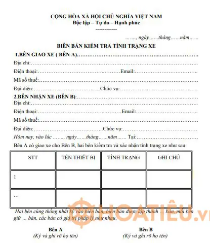 Mẫu Biên Bản Kiểm Tra Tình Trạng Xe Ô Tô Số 1