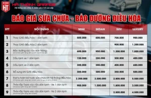 Bảng Giá Sửa Chữa - Bảo Dưỡng Điều Hòa Ô Tô Tại Hà Thành Garage