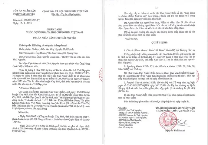 (lsvn) - Vừa Qua, Tòa Soạn Tạp Chí Luật Sư Việt Nam Nhận Được Đơn Của Ông Cao Xuân Chiến (sinh Năm 1986, Trú Tại Thôn 1, Xã Chợ Mới, Tỉnh Thái Nguyên) Về Việc Kêu Oan Và Đề Nghị Kháng Nghị Theo Thủ Tục Giám Đốc Thẩm Đối Với Bản Án Hình Sự Sơ Thẩm Số 29/2025/hs-st Ngày 27/6/2025 Của Tand Huyện Chợ Mới Và Bản Án Hình Sự Phúc Thẩm Số 102/2025/hs-st Ngày 17/9/2025 Của Tand Tỉnh Thái Nguyên.