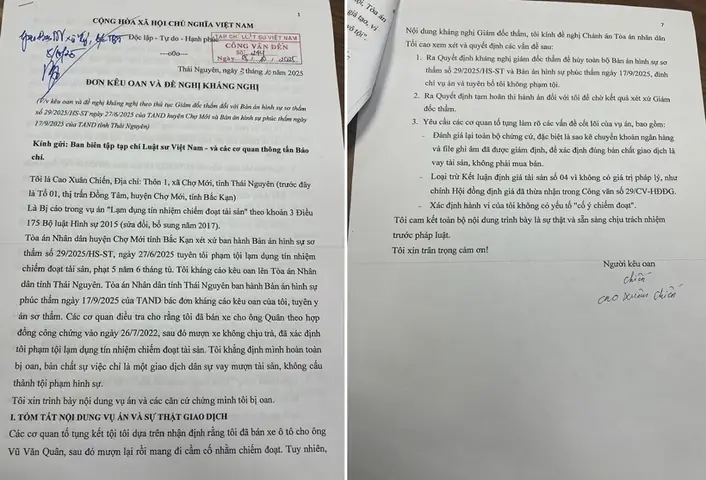 (lsvn) - Vừa Qua, Tòa Soạn Tạp Chí Luật Sư Việt Nam Nhận Được Đơn Của Ông Cao Xuân Chiến (sinh Năm 1986, Trú Tại Thôn 1, Xã Chợ Mới, Tỉnh Thái Nguyên) Về Việc Kêu Oan Và Đề Nghị Kháng Nghị Theo Thủ Tục Giám Đốc Thẩm Đối Với Bản Án Hình Sự Sơ Thẩm Số 29/2025/hs-st Ngày 27/6/2025 Của Tand Huyện Chợ Mới Và Bản Án Hình Sự Phúc Thẩm Số 102/2025/hs-st Ngày 17/9/2025 Của Tand Tỉnh Thái Nguyên.