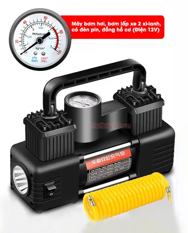 Máy Bơm Hơi, Bơm Lốp Xe 2 Xi-lanh, Có Đèn Pin, Đồng Hồ Cơ (điện 12v)