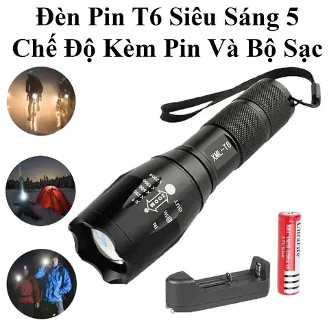 Đèn Pin T6 Siêu Sáng 5 Chế Độ Kèm Pin Và Bộ Sạc Có Ron Chống Nước Có Zoom