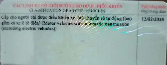 Mặt Sau Bằng Lái Xe Hạng B Số Tự Động Mặt Sau Bằng Lái Xe Hạng B Số Tự Động