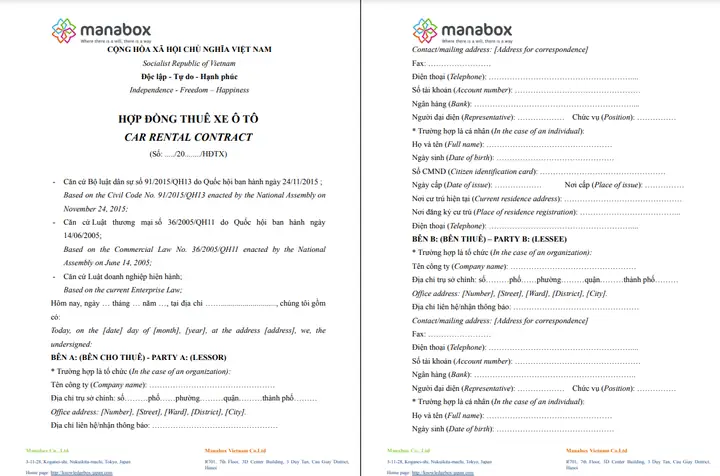 Mẫu Hợp Đồng Thuê Xe Ô Tô