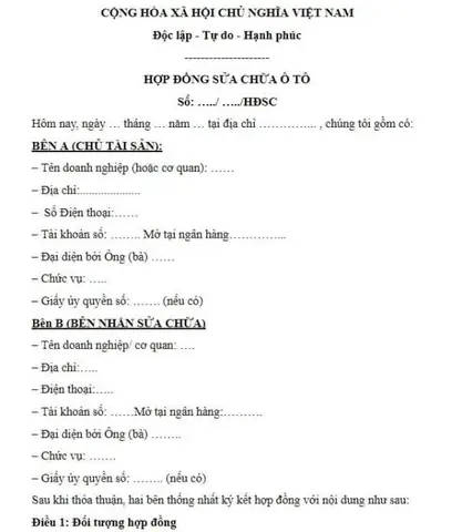 Quy Định Về Hợp Đồng Sửa Chữa Xe Ô Tô Theo Nghị Định