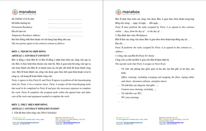 Mẫu Hợp Đồng Khoán Việc Tạp Vụ