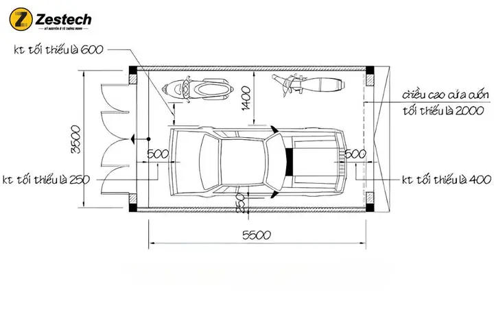 Kích Thước Gara Ô Tô Trong Nhà Cho Xe 4-5 Chỗ