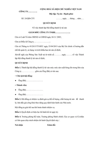 Quyết Định Thanh Lý Tài Sản Cố Định Quyết Định Thanh Lý Tài Sản Cố Định