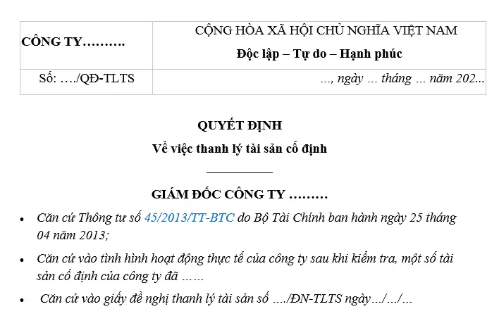 Mẫu Quyết Định Thanh Lý Tài Sản Cố Định Mới Nhất? Tải Mẫu Quyết Định Thanh Lý Tài Sản Cố Định Ở Đâu?