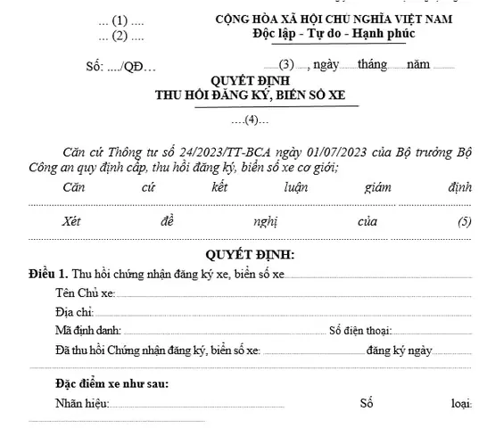 Mẫu Quyết Định Thu Hồi Đăng Ký, Biển Số Xe Mới Nhất? Tải Mẫu Quyết Định Ở Đâu? Mẫu Quyết Định Thu Hồi Đăng Ký, Biển Số Xe Mới Nhất? Tải Mẫu Quyết Định Ở Đâu?