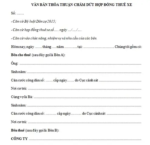 Biên Bản Chấm Dứt Hợp Đồng Thuê Xe Ô Tô