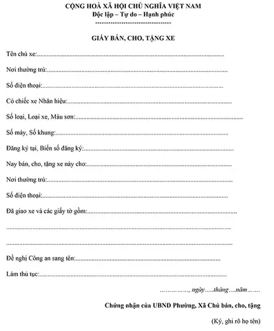 Mẫu Giấy Mua Bán, Tặng Cho Xe