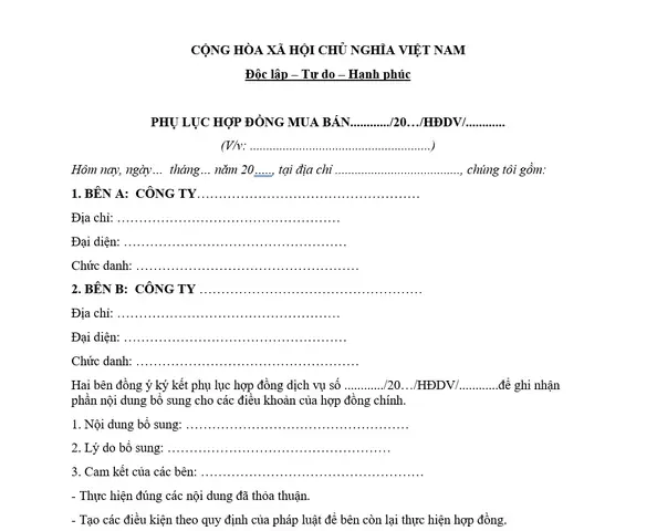 Mẫu Phụ Lục Hợp Đồng Mua Bán Mới Nhất Mẫu Phụ Lục Hợp Đồng Mua Bán Mới Nhất