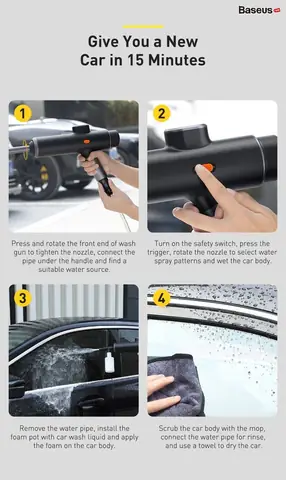 Hình Ảnh Chi Tiết Máy Phun Tăng Áp Rửa Xe Ô Tô Sử Dụng Pin Sạc Baseus Dual Power Portable Electric Car Wash Spray Nozzle