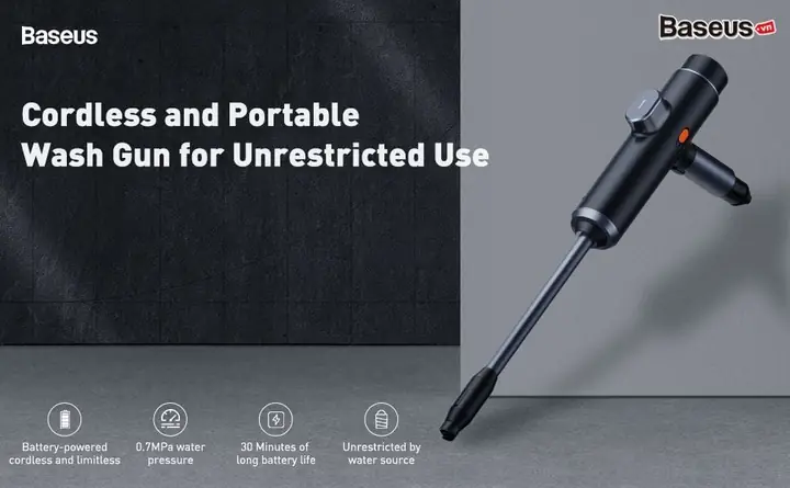 Hình Ảnh Chi Tiết Máy Phun Tăng Áp Rửa Xe Ô Tô Sử Dụng Pin Sạc Baseus Dual Power Portable Electric Car Wash Spray Nozzle
