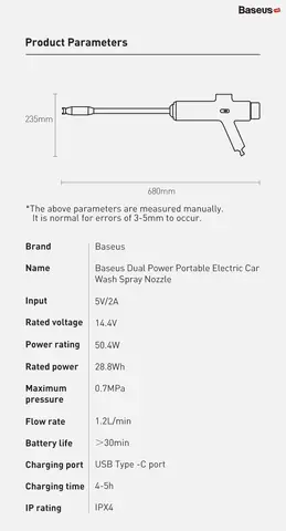 Hình Ảnh Chi Tiết Máy Phun Tăng Áp Rửa Xe Ô Tô Sử Dụng Pin Sạc Baseus Dual Power Portable Electric Car Wash Spray Nozzle