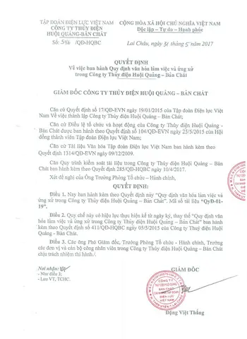 Quy Định Văn Hóa Làm Việc Và Ứng Xử Trong Công Ty Thủy Điện Huội Quảng - Bản Chát