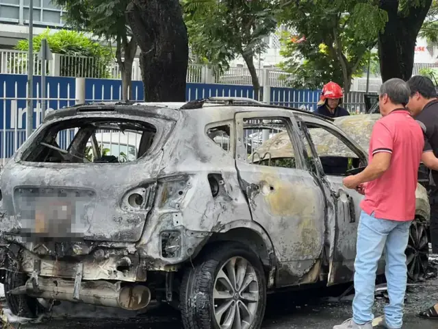 Chiếc Ô Tô Đậu Tại Chung Cư Hoàng Anh River View, Tp.hcm, Bốc Cháy Dữ Dội, Trơ Khung, May Mắn Không Gây Thiệt Hại Về Người.