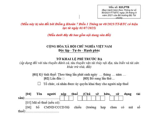 Mẫu 02/lptb Mẫu Tờ Khai Lệ Phí Trước Bạ Mới Nhất 2025