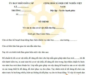 Mẫu Tờ Trình Đề Nghị Sửa Chữa Cơ Sở Vật Chất Cho Lớp Học Mẫu Giáo