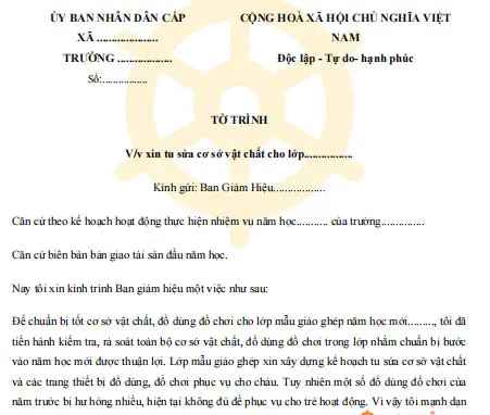 Mẫu Tờ Trình Đề Nghị Sửa Chữa Cơ Sở Vật Chất Cho Lớp Học Mẫu Giáo