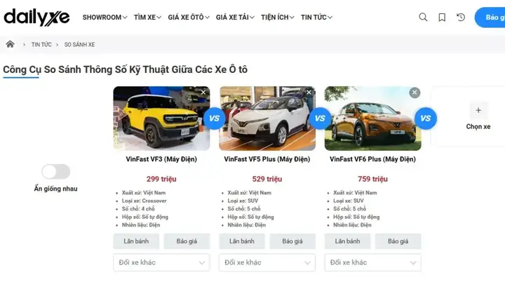 Hướng Dẫn Sử Dụng Công Cụ So Sánh Xe Ô Tô Dailyxe