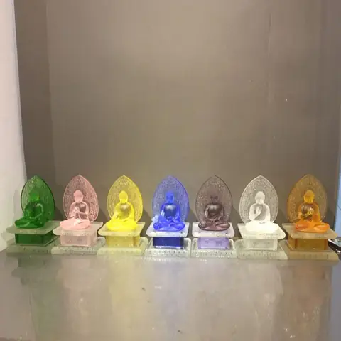 Bộ Tượng Dược Sư Lưu Ly, Ngồi 7 Màu, Có Lá Đề, Cao 38cm