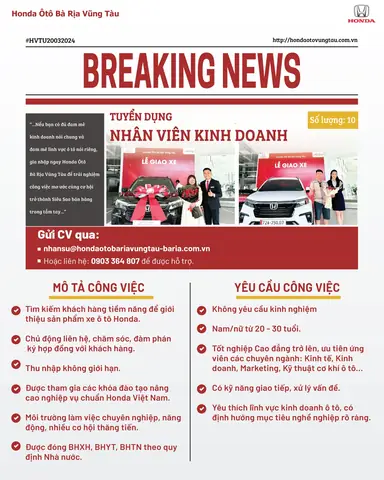 Gia Nhập Honda Ôtô Bà Rịa Vũng Tàu Để Trải Nghiệm Công Việc Mơ Ước Cùng Cơ Hội Trở Thành Siêu Sao Bán Hàng Trong Tầm Tay!