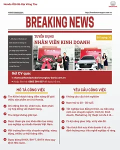 Gia Nhập Honda Ôtô Bà Rịa Vũng Tàu Để Trải Nghiệm Công Việc Mơ Ước Cùng Cơ Hội Trở Thành Siêu Sao Bán Hàng Trong Tầm Tay!