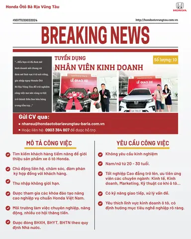Gia Nhập Honda Ôtô Bà Rịa Vũng Tàu Để Trải Nghiệm Công Việc Mơ Ước Cùng Cơ Hội Trở Thành Siêu Sao Bán Hàng Trong Tầm Tay!