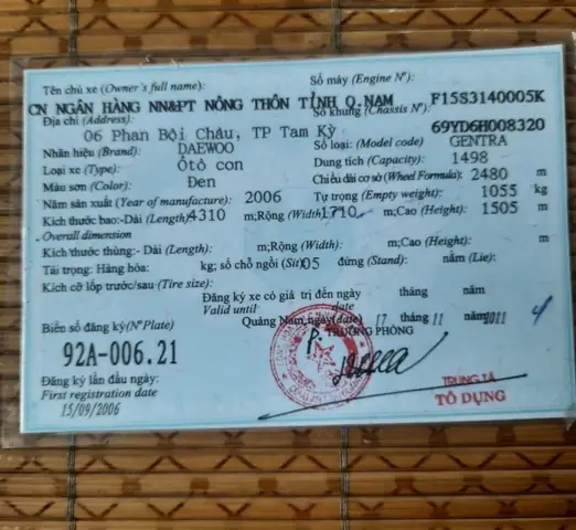 Thanh Lý Xe Ô Tô Con Nhãn Hiệu Daewoo; Số Loại Gentra Sf62y-2; Năm Sản Xuất 2006; Biển Số 92a-006.21; Màu Sơn: Đen; Số Khung: Rllsf69yd6h008320; Số Máy: F15s3140005k Đã Qua Sử Dụng_lần 2