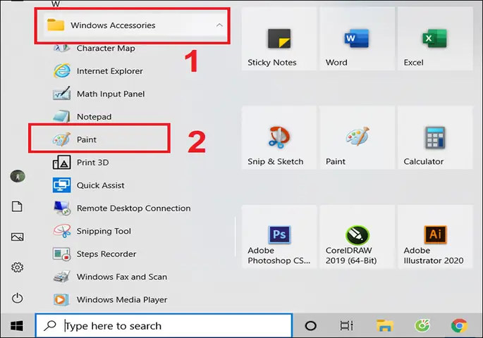 Cách 2: Mở Paint Từ Menu Start