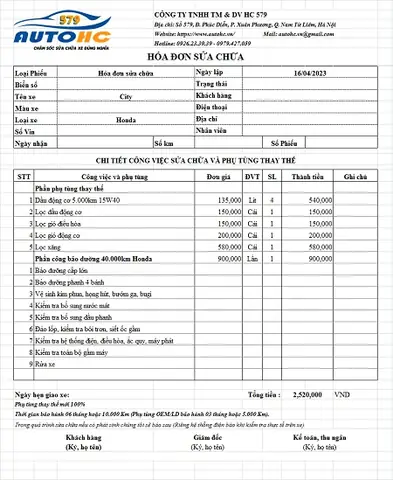 Công Việc Làm Cần Thiết Theo Từng Cấp Bảo Dưỡng Và Phụ Tùng Thay Thế: