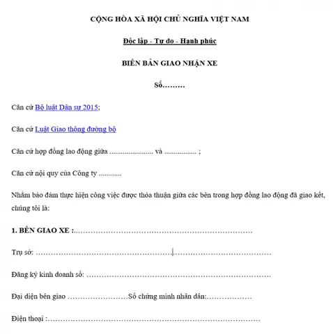 Biên Bản Bàn Giao Tài Sản Xe Ô Tô Chi Tiết