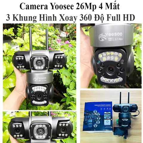 Camera Wifi Yoosee B52 26mp 4 Mắt 3 Khung Hình Xoay 360 Độ Full Hd, Đèn Cảnh Báo Có Màu Ban Đêm, Đàm Thoại 2 Chiều.