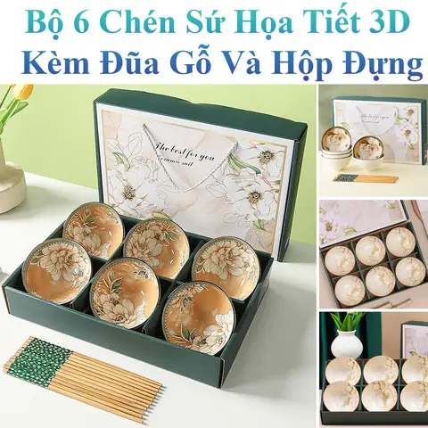 Bộ 6 Chén Sứ Họa Tiết 3d Kèm Đũa Và Hộp Đựng Sang Trọng