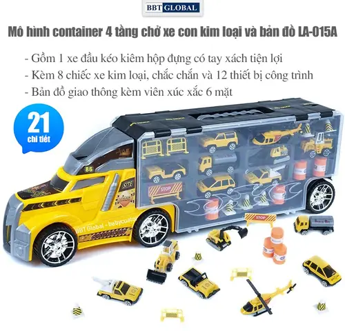 Xe Mô Hình Container 4 Tầng 21 Chi Tiết Chở Xe Con Kim Loại Và Thảm Chơi Cho Bé La-015a
