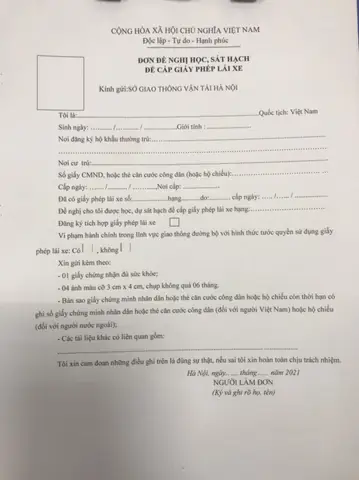 Mẫu Đơn Đề Nghị Học, Sát Hạch Để Cấp Giấy Phép Lái Xe B2