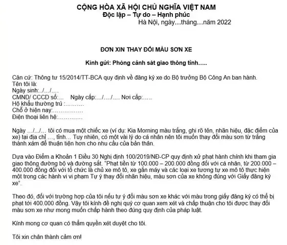 Các Mẫu Đơn Xin Thay Đổi Màu Sơn Ô Tô