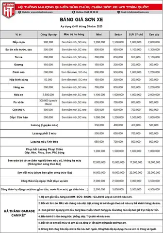 Bảng Giá Sơn Xe Ô Tô Hà Thành Garage Cập Nhật 2024