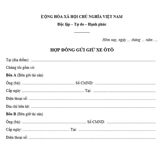Hợp Đồng Giữ Xe Ô Tô Tháng