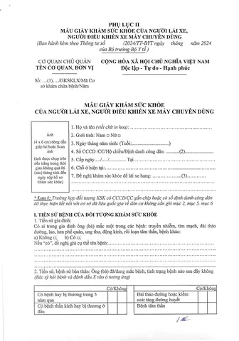 Mẫu Giấy Khám Sức Khỏe Của Người Lái Xe, Điều Khiển Xe Máy Chuyên Dùng