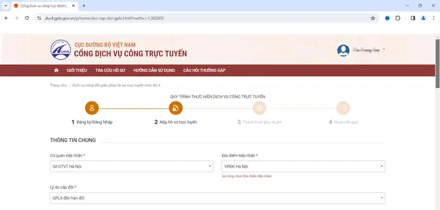Bước 4: Nhập Thông Tin Chung, Người Dân Lựa Chọn Cơ Quan Tiếp Nhận Theo Nơi Cấp Đổi Giấy Phép Lái Xe Của Mình, Hệ Thống Sẽ Tự Nhập Địa Điểm Tiếp Nhận. Sau Đó Lựa Chọn Lý Do Cấp Đổi Theo Từng Cá Nhân.
