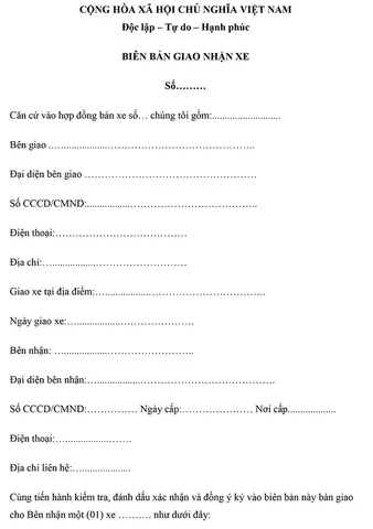 Mẫu Biên Bản Bàn Giao Xe Ô Tô 2025