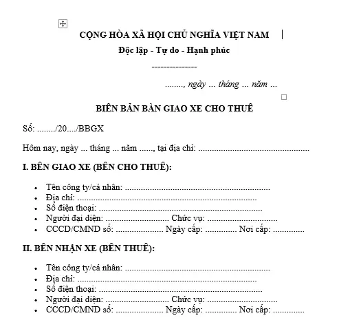 Mẫu Biên Bản Bàn Giao Xe Cho Thuê Theo Hợp Đồng Thuê Xe Mới Nhất?
