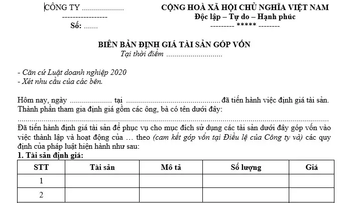 Mẫu Biên Bản Định Giá Tài Sản Góp Vốn Thành Lập Doanh Nghiệp? Tải Về File Word Mẫu Biên Bản Định Giá?