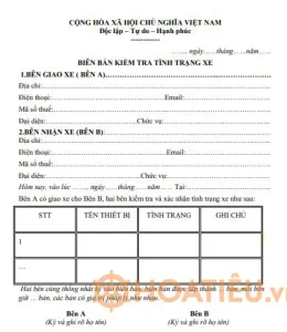 Mẫu Biên Bản Kiểm Tra Tình Trạng Xe Ô Tô Số 1