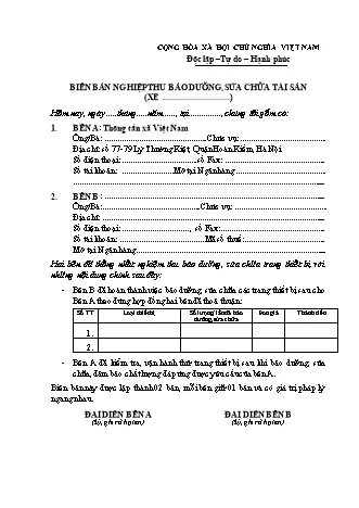 Mẫu Biên Bản Nghiệm Thu Sửa Chữa Xe Ô Tô Chuẩn, Chi Tiết