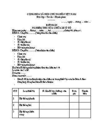 Mẫu Biên Bản Sửa Chữa Xe Ô Tô Chuẩn Xác, Hiệu Quả